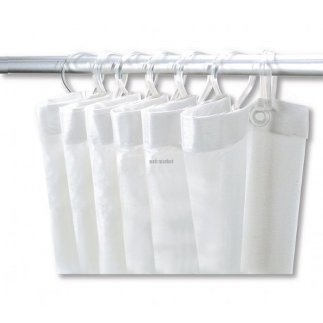Rideau de douche avec 12 mousquetons plastique, hauteur 2 m, largeur 1,80 m, PVC blanc réf. 1386
