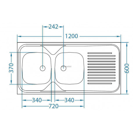 Evier à poser NF monobloc inox 18/10 lisse, 2 cuves, 1 égouttoir, L120 cm sans vidage réf EPBM120A04