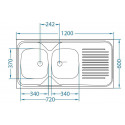 Evier à poser NF monobloc inox 18/10 lisse, 2 cuves, 1 égouttoir, L120 cm sans vidage réf EPBM120A04