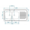 Evier à poser NF monobloc inox 18/10 lisse, 2 cuves, 1 égouttoir, L120 cm sans vidage réf EPBM120A04