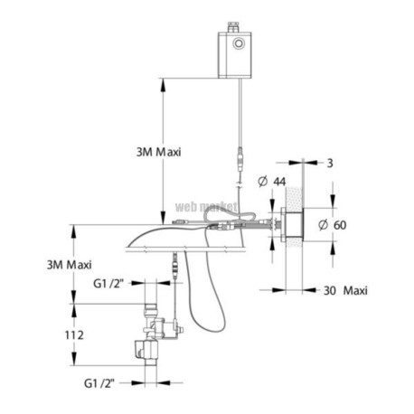 Détection modulaire murale PRESTO pour lavabo en cloison de 1 à 30mm. Déclenchement électronique sans contact. Débit 3l/min. Ali