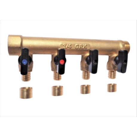 Distributeur MF 3/4" entraxe 50mm 6 piquages avec mini vannes intégrées à glissement Ø16 Réf. 958G-6G16