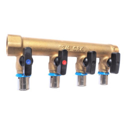 Distributeur MF 3/4" entraxe 50mm 6 piquages avec mini vannes intégrées à sertir Ø16 Réf. 958G-6S16
