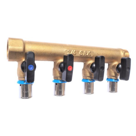 Distributeur MF 3/4" entraxe 50mm 6 piquages avec mini vannes intégrées à sertir Ø16 Réf. 958G-6S16