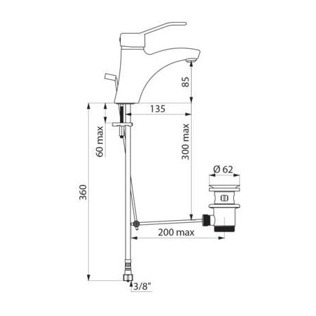 Mitigeur de lavabo à bec fixe H 85, commande par manette ajourée, avec vidage laiton 33 x 42 à tirette et cartouche standard réf. 2520