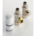 Kit de robinetterie thermostatique droite 1/2'' avec robinet de réglage droit et té de réglage, tête thermostatique design blanche, raccords Cuivre 14x1, PER 12x1 - Kit nickelé Réf. 841068
