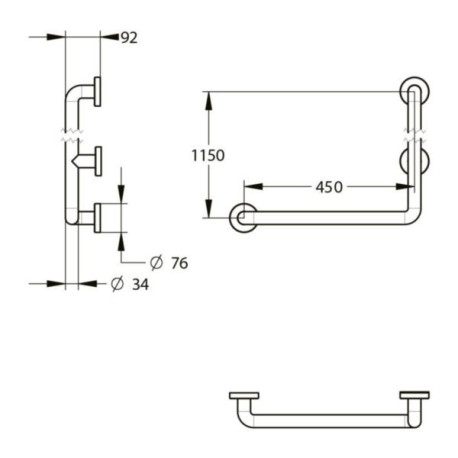 Barre d'appui et de maintien coudée 90° Ø34 mm modèle gauche  L. 450 x H. 1150 mm -Aluminium gainé ABS antibactérien  Réf.60338