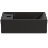 Lave-mains 37 x 21 cm Tempo noir Mat, en grès fin, version gauche. 1 trou central pour la robinetterie. Sans trou de trop-plein. Fixation murale par 2 tire-fonds non fournis Réf : E2113V3