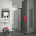 Porte de douche pivotante, pivots excentrés, EQUI, largeur 800 mm, hauteur 1900 mm, profilé argent poli, verre Clair traité Anticalcaire Réf. EIPIV08019VPE