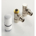 Kit de robinetterie thermostatique équerre 1/2'' avec robinet équerre et coude de réglage, tête thermostatique design blanche, raccords Cuivre 14x1, PER 12x1 - Kit nickelé Réf. 841128